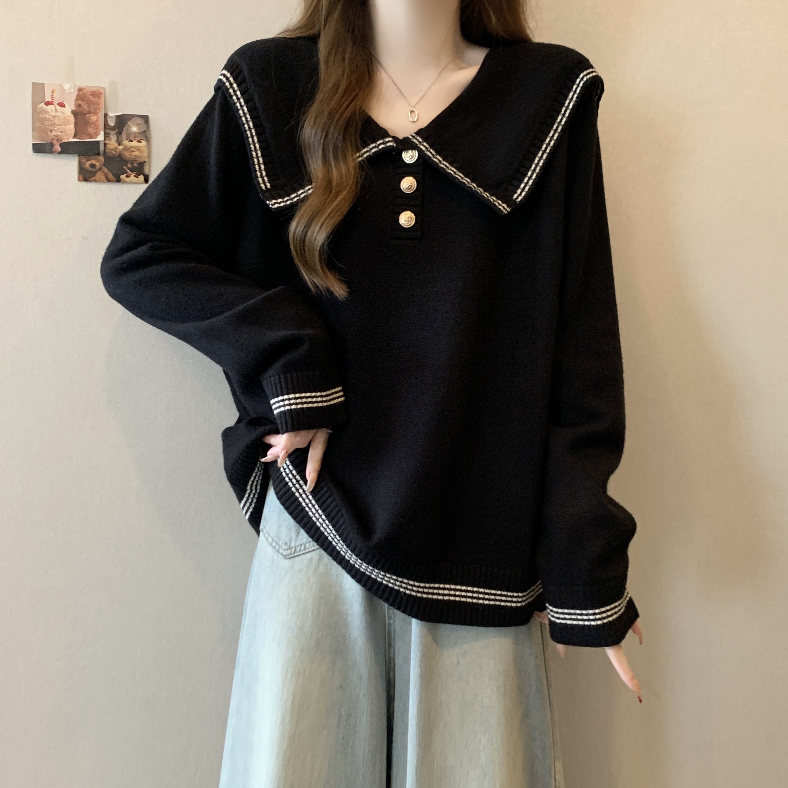 大码女装遮肚子海军领毛衣针织衫女秋冬季胖妹妹宽松显瘦撞色上衣