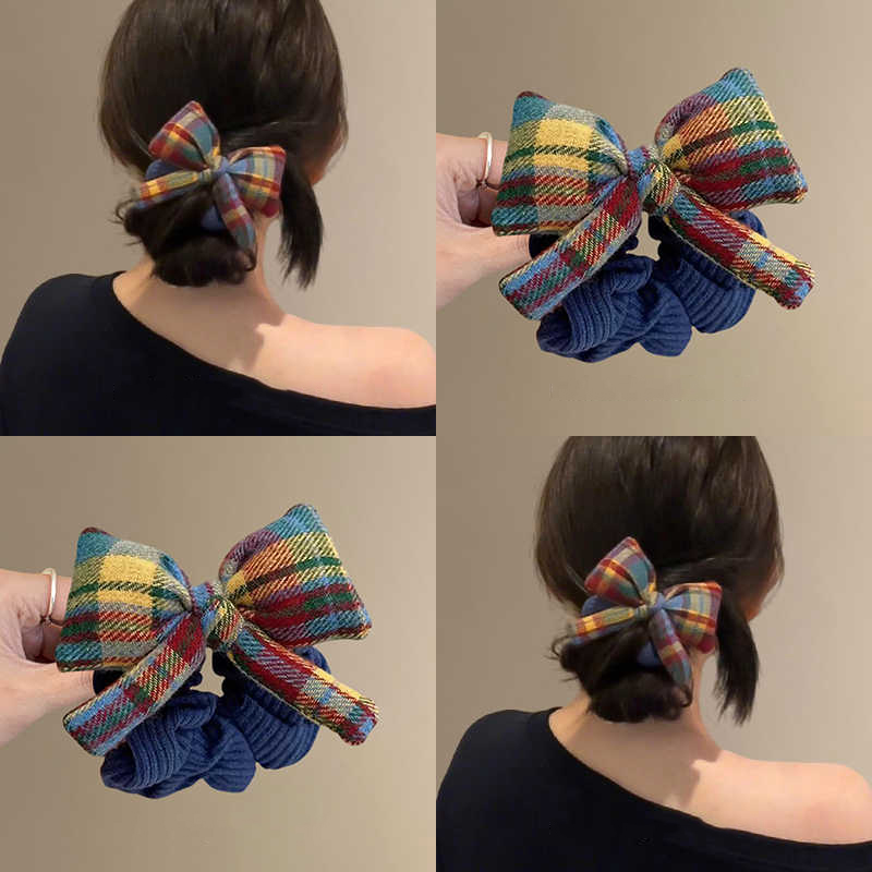 韩版彩虹格子蝴蝶结大肠发圈女高端扎丸子头绳低马尾发饰2025新款