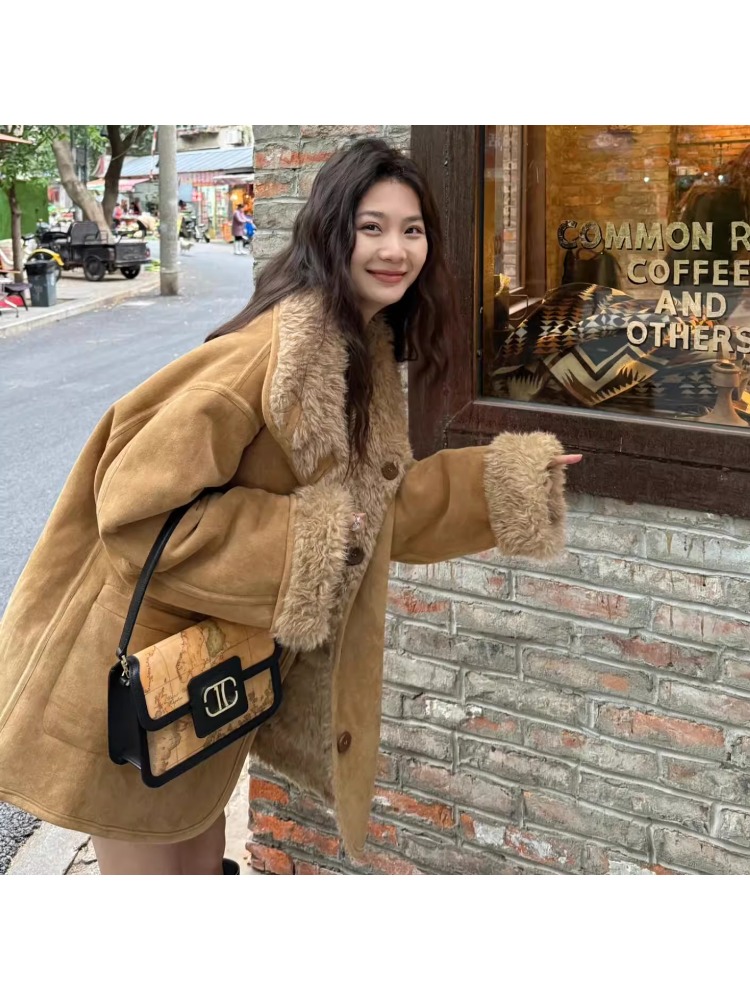 人造皮草 新款两面穿仿羊羔毛机车服秋冬宽松加厚麂皮毛毛外套女