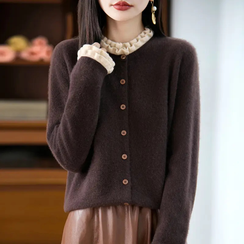 2025秋冬新款木耳边领长袖开衫女100羊毛衫女套头毛衣百搭外套