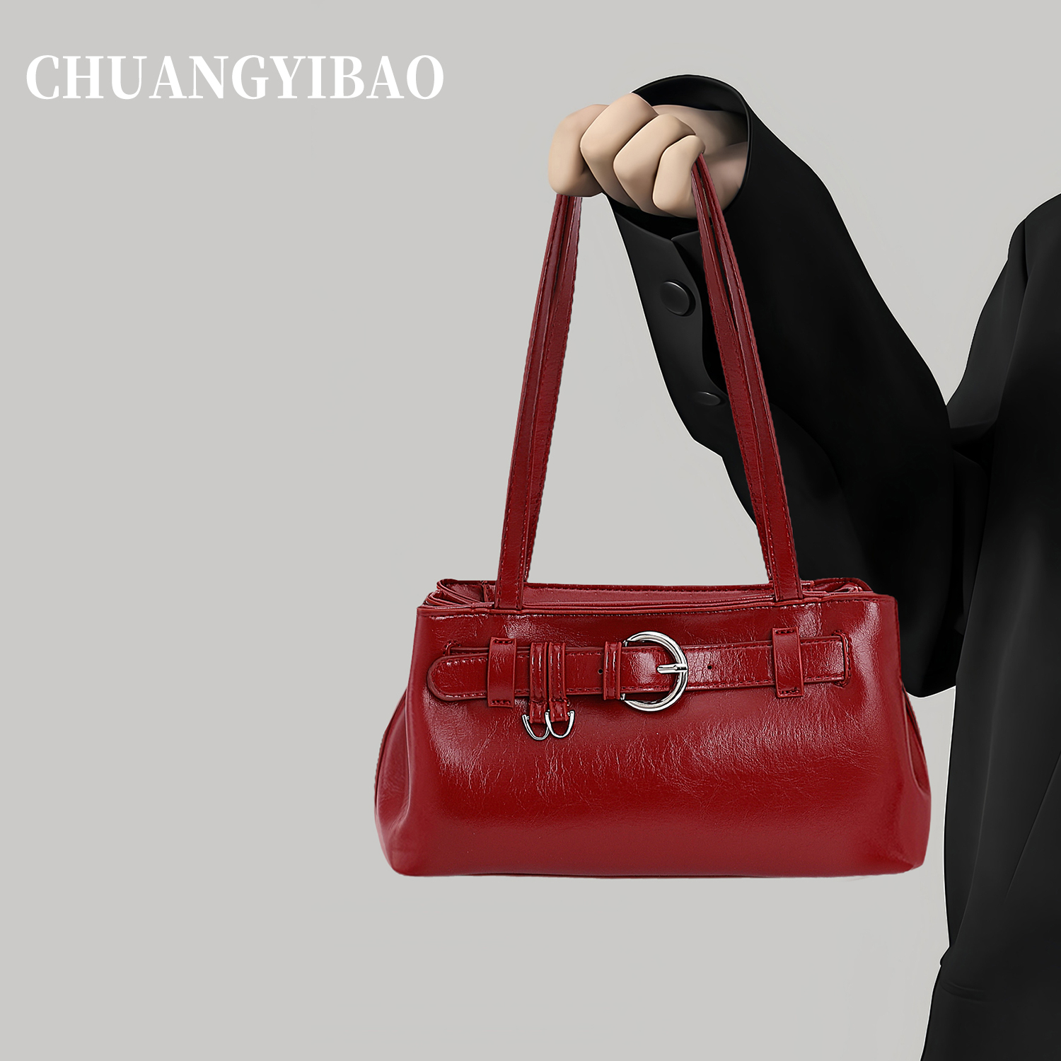 红色手提法棍包包女式2025新款秋冬高级感轻奢小众设计婚包腋下包