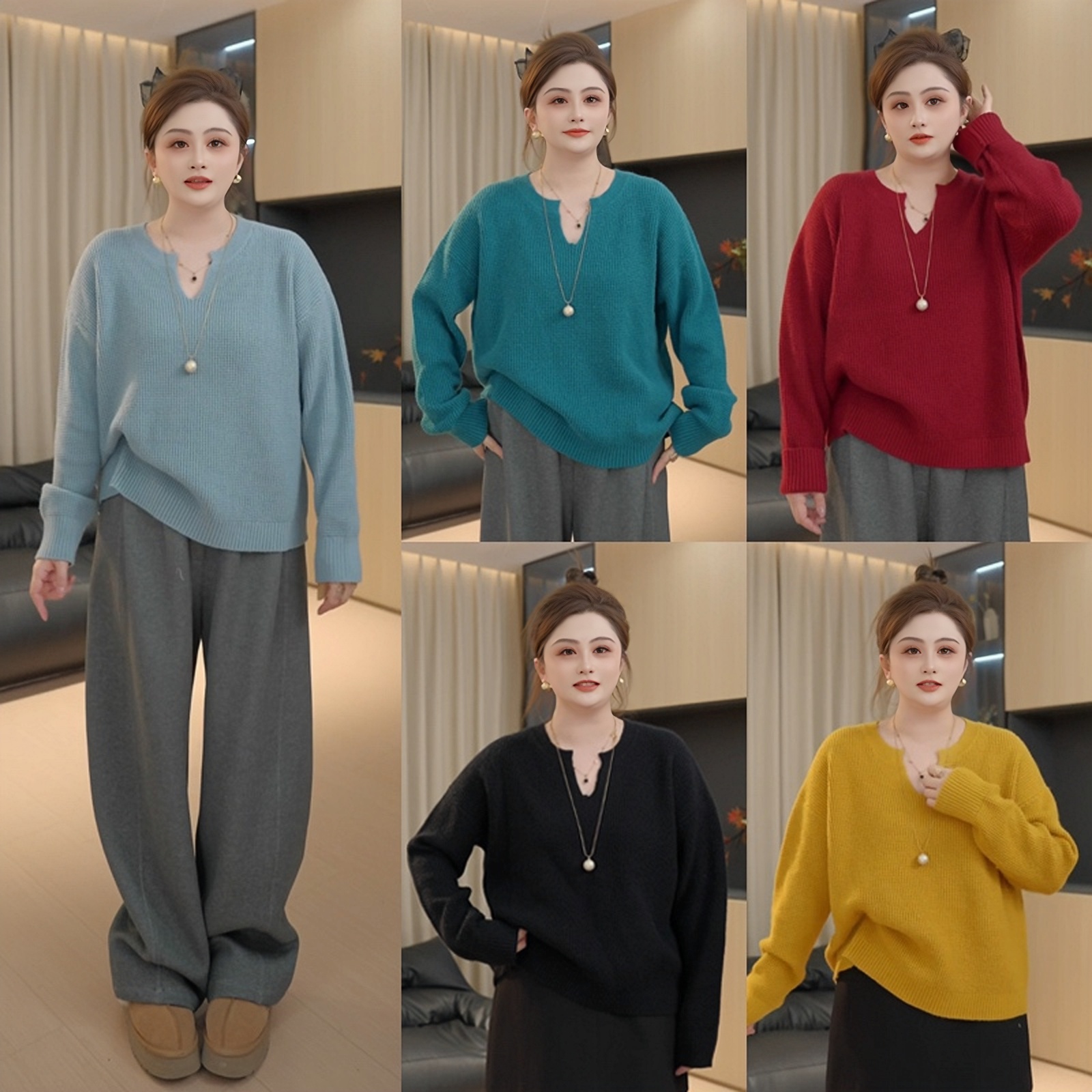 【胖佳佳】现货~色彩费洛蒙 华夫格v领毛衣秋冬时尚百搭H625Z16937