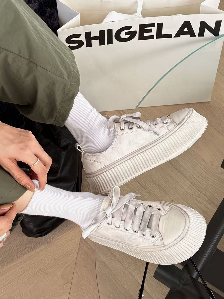 诗歌兰女鞋2025早秋新款真皮时尚厚底松糕鞋百搭做旧复古饼干鞋潮