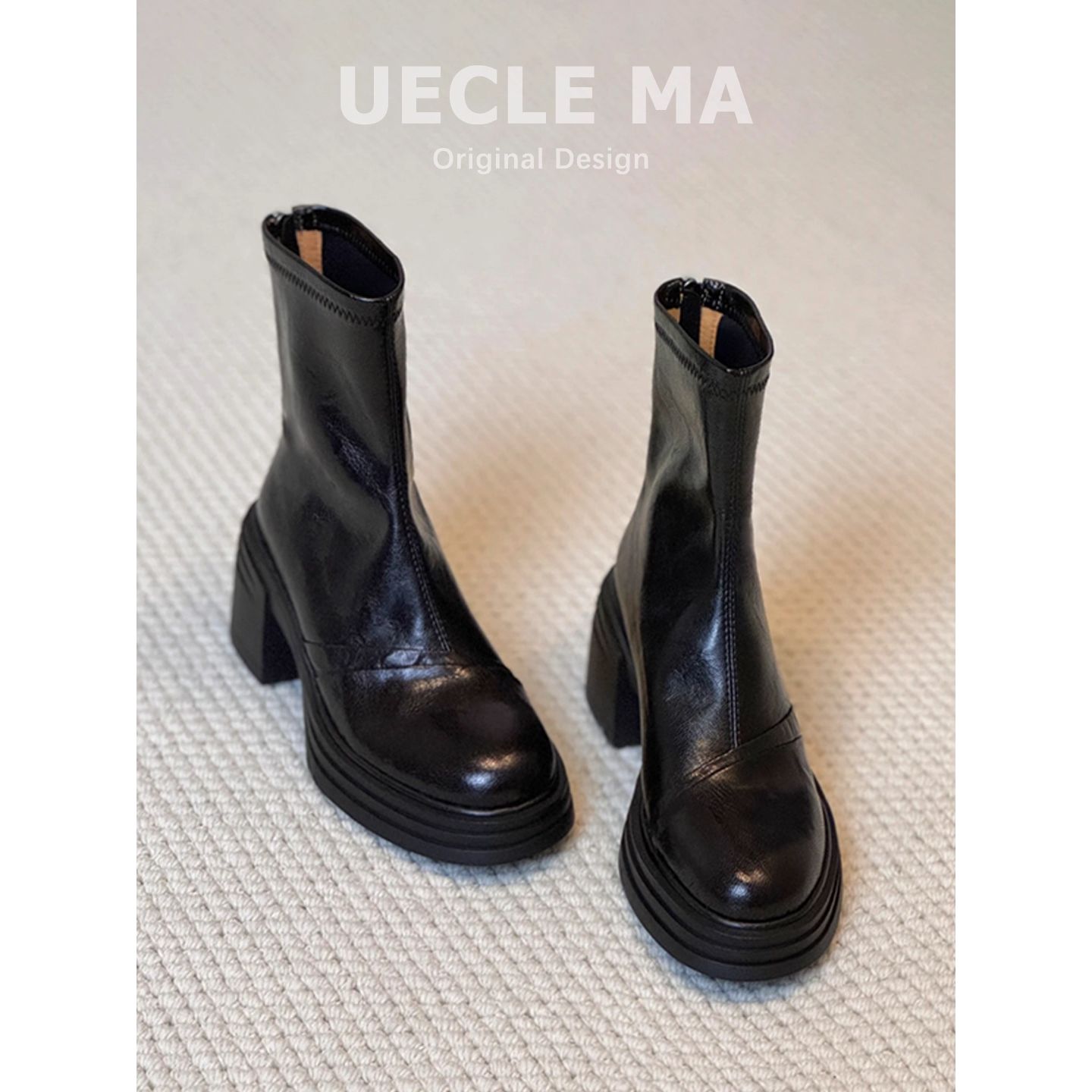 羊皮版~增高厚底短靴女小个子高跟鞋子英伦马丁靴法式粗跟瘦瘦靴