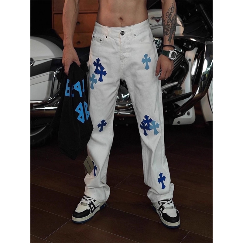 美式十字架刺绣微喇牛仔裤男款春秋高街vibe风裤子情侣潮牌直筒裤