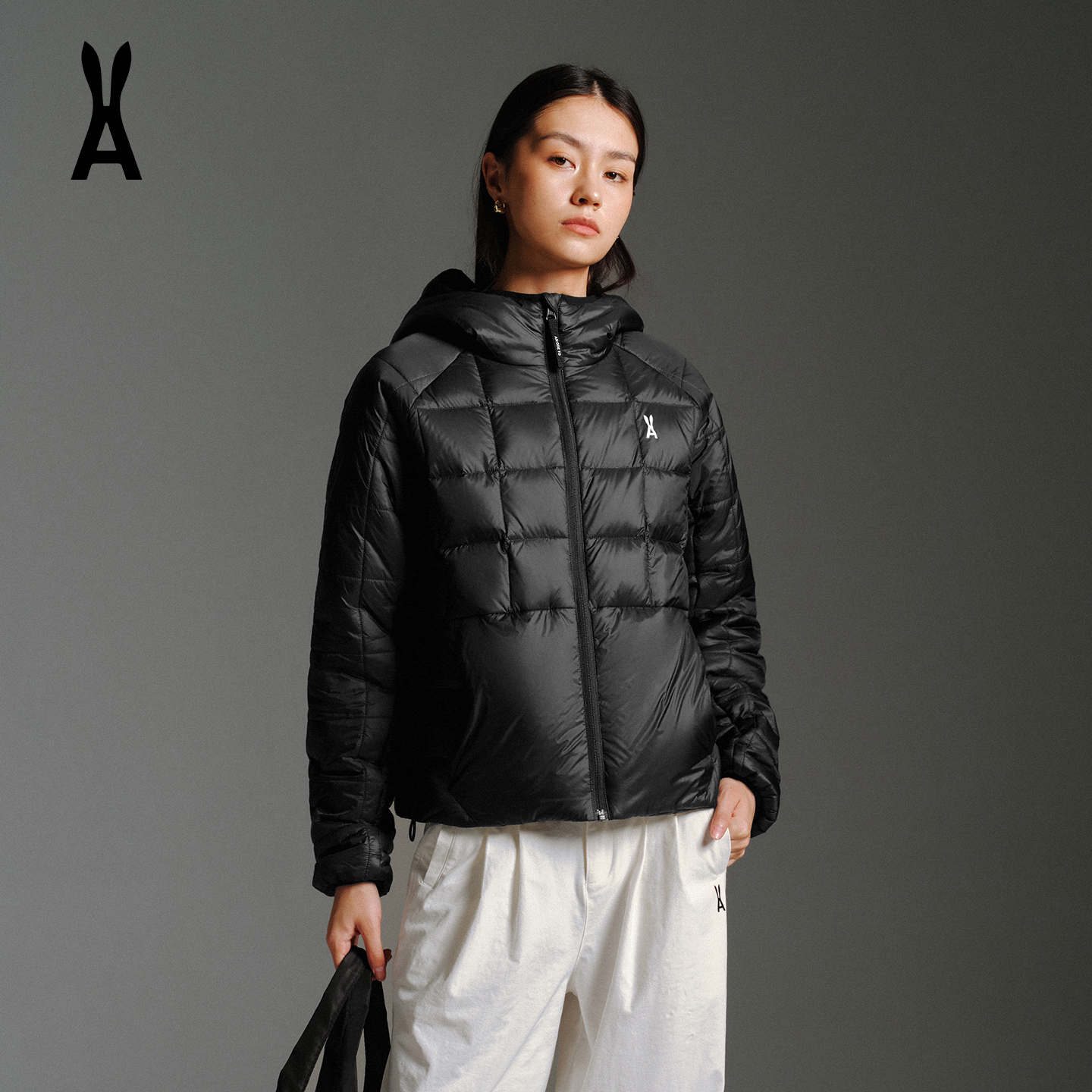 an ode to安欧兔小方格-绗缝连帽鹅绒服防风防寒保暖运动羽绒服