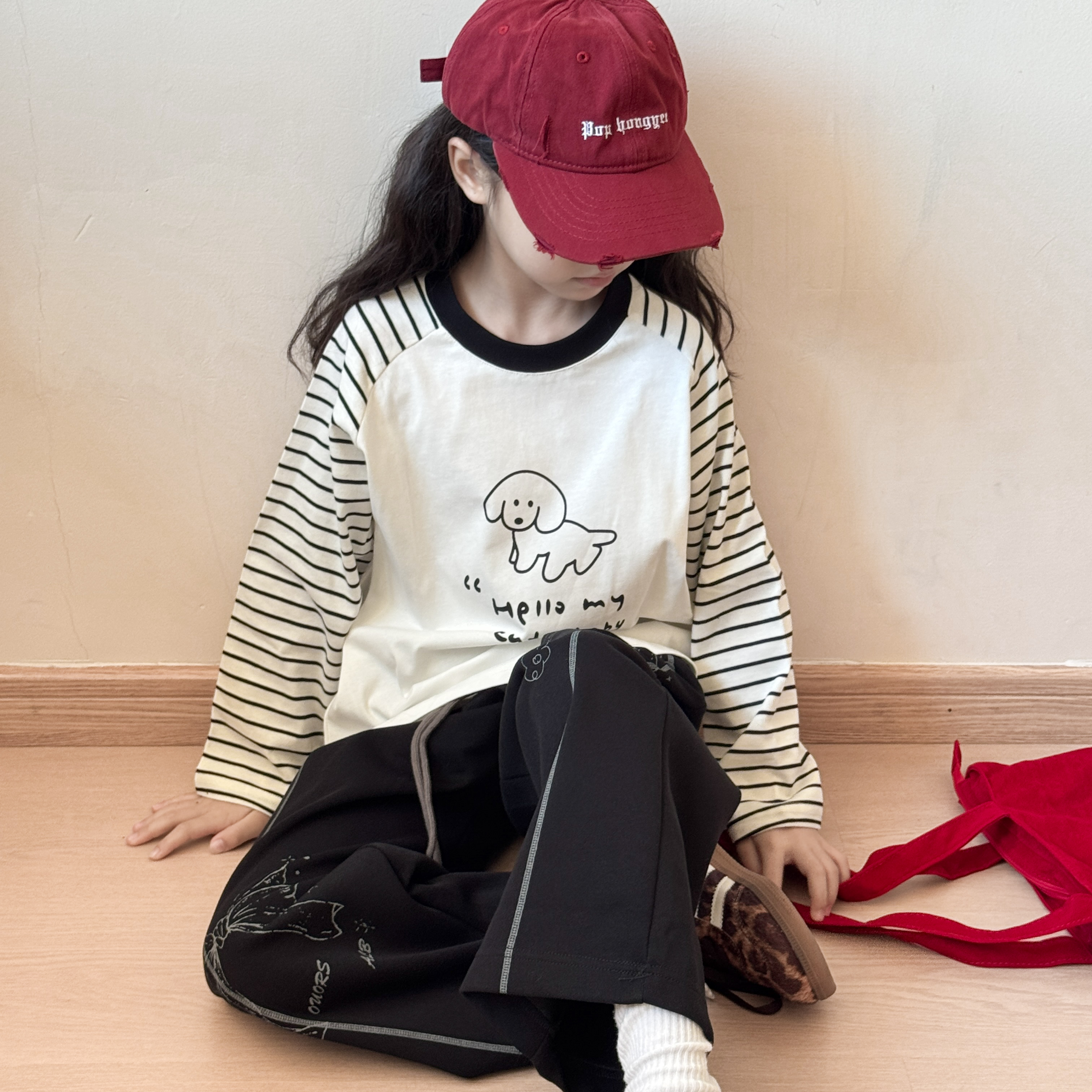 卡通长袖女童休闲套装2025新款女孩春秋条纹长袖上衣儿童时髦卫裤