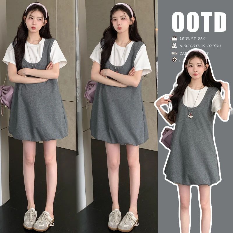 孕妇装夏装2025新款夏季外穿时尚洋气假两件背带裙宽松气质连衣裙