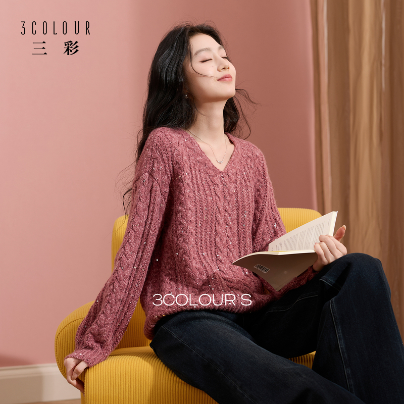 三彩2025冬季新款复古绞花V领针织衫宽松慵懒保暖套头毛衫S
