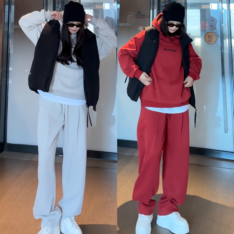 秋冬新款连帽百搭长袖字母卫衣松紧腰休闲裤情侣套装两件套Y7306