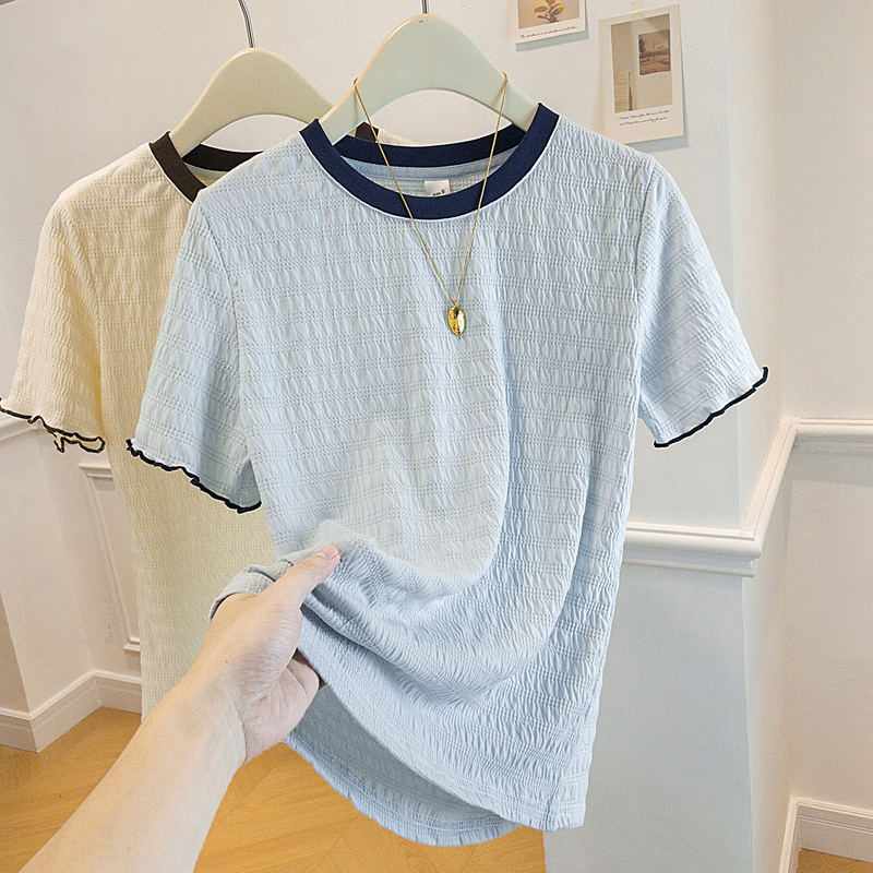 2025新款夏爆款微胖mm大码女装木耳边正肩短袖t恤修身显瘦遮肚子