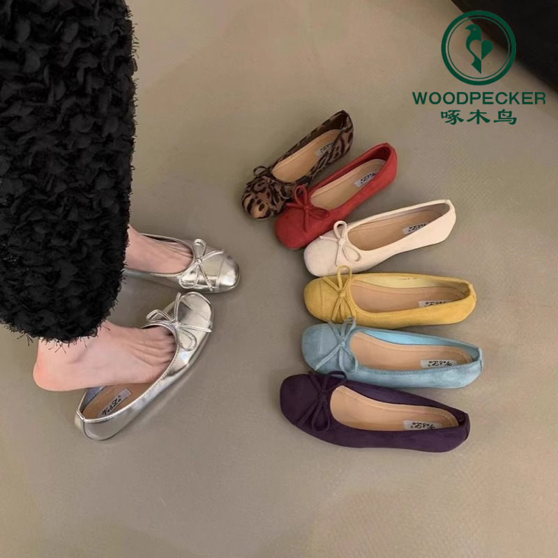 啄木鸟法式蝴蝶结圆头芭蕾舞鞋2025平底温柔晚晚鞋夏季新款单鞋女