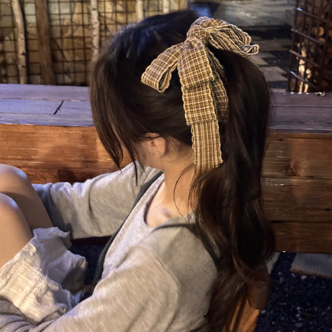 韩国东大门2025新款高级感格纹蝴蝶结高马尾减龄香蕉夹女发夹头饰