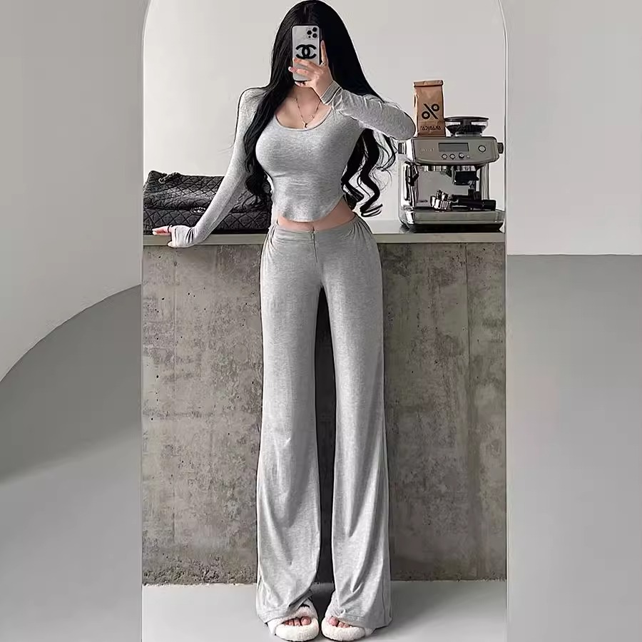 新款纯欲拉链健身休闲裤女低腰垂感薄款宽松直筒拖地阔腿裤运动裤