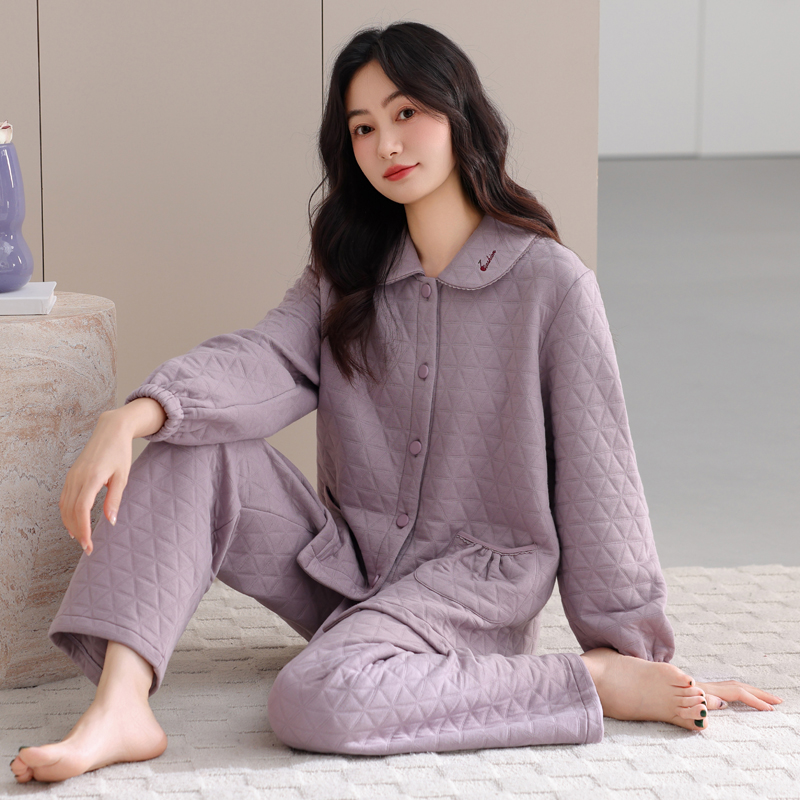 100%棉睡衣女秋冬季夹层保暖长袖长裤加厚妈妈开衫家居服纯棉套装