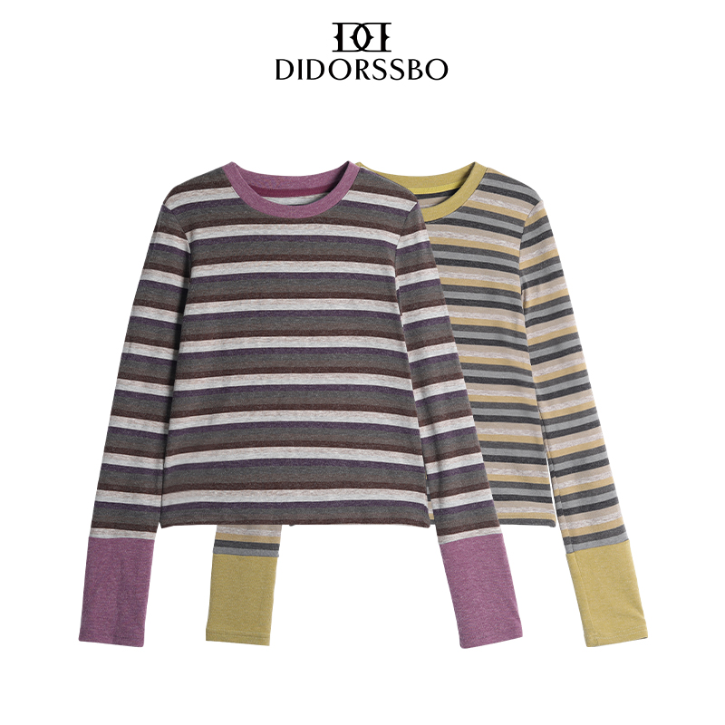 DIDORSSBO秋季女款时尚潮流拼接撞色显瘦条纹圆领T恤长袖MG8970