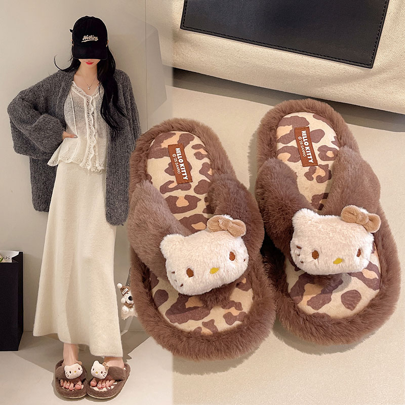 棕色豹纹Kitty棉拖鞋一字蹬设计25秋冬款家居室内柔软脚底毛绒鞋