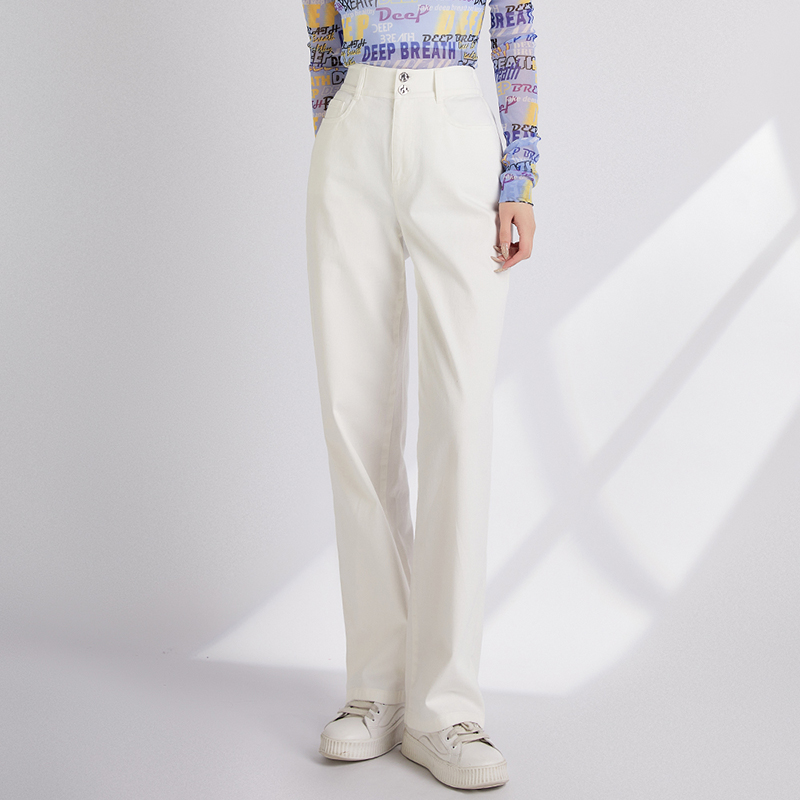 哥弟秋季高腰两粒扣牛仔裤休闲时尚简约百搭白色直筒裤子1100457