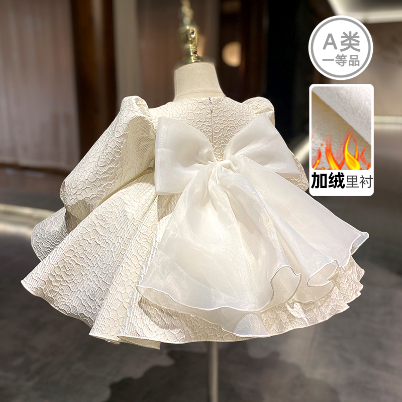 女童礼服儿童演出服2025秋冬加绒白色小女孩生日宴衣服周岁公主裙