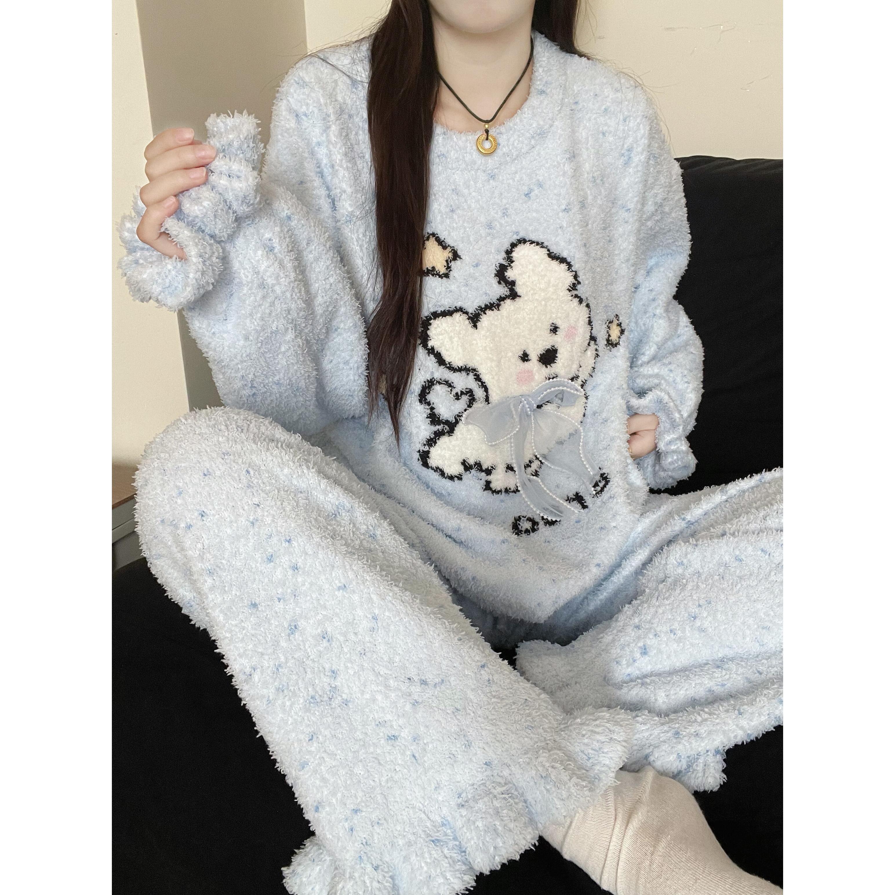 甜美可爱卡通小狗针织半边绒睡衣女秋冬新款休闲保暖家居服套装