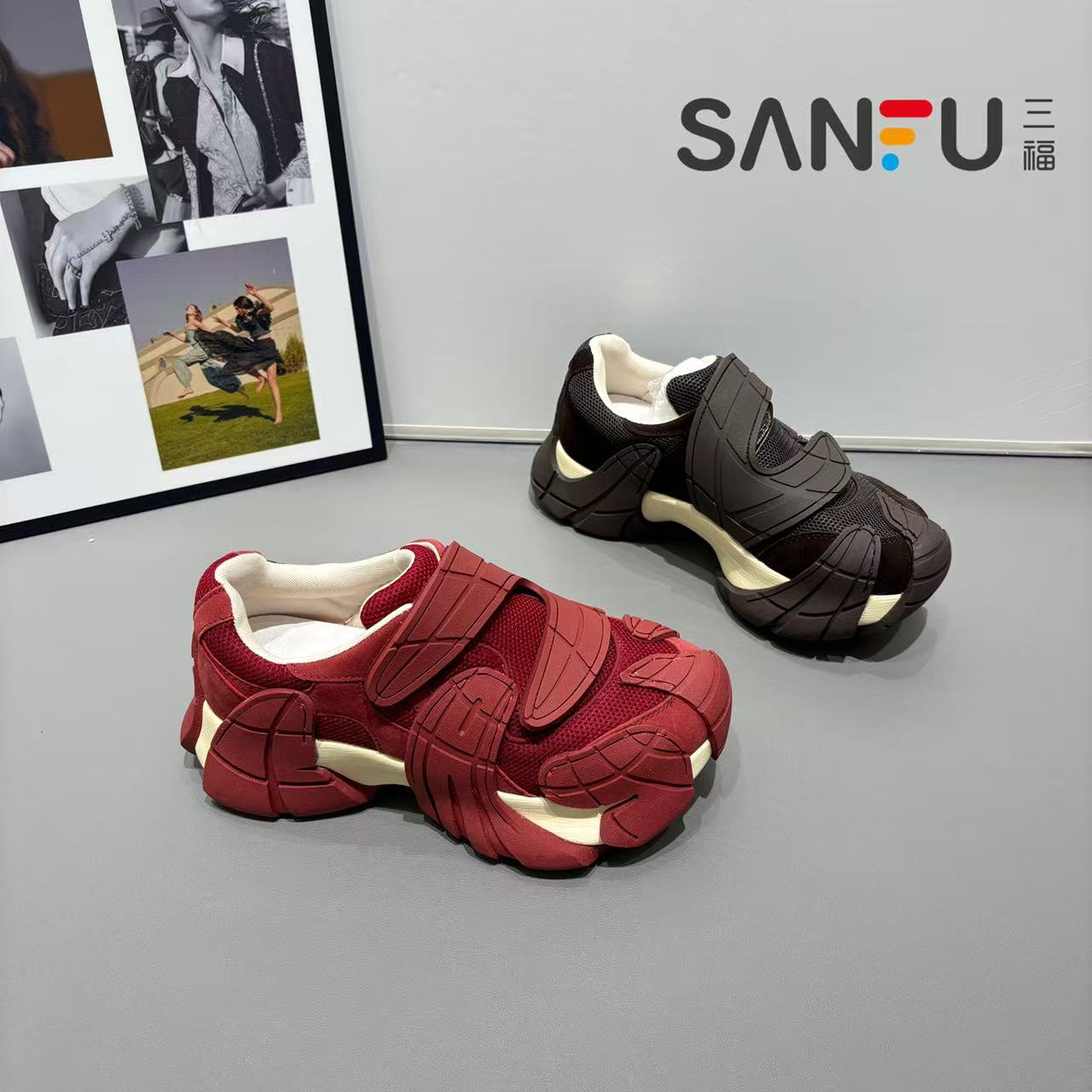 三福欧洲站2025秋季休闲魔术贴运动鞋新款厚底个性八爪鱼老爹鞋女