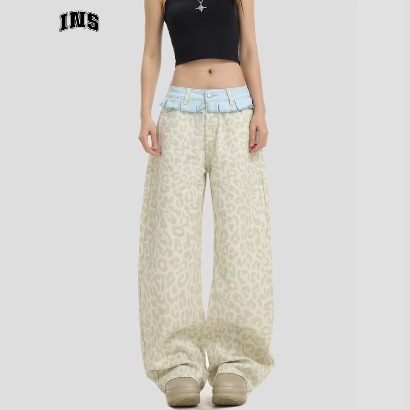 INSstudios国潮牌情侣美式复古拼接假两件豹纹裤宽松休闲长裤子