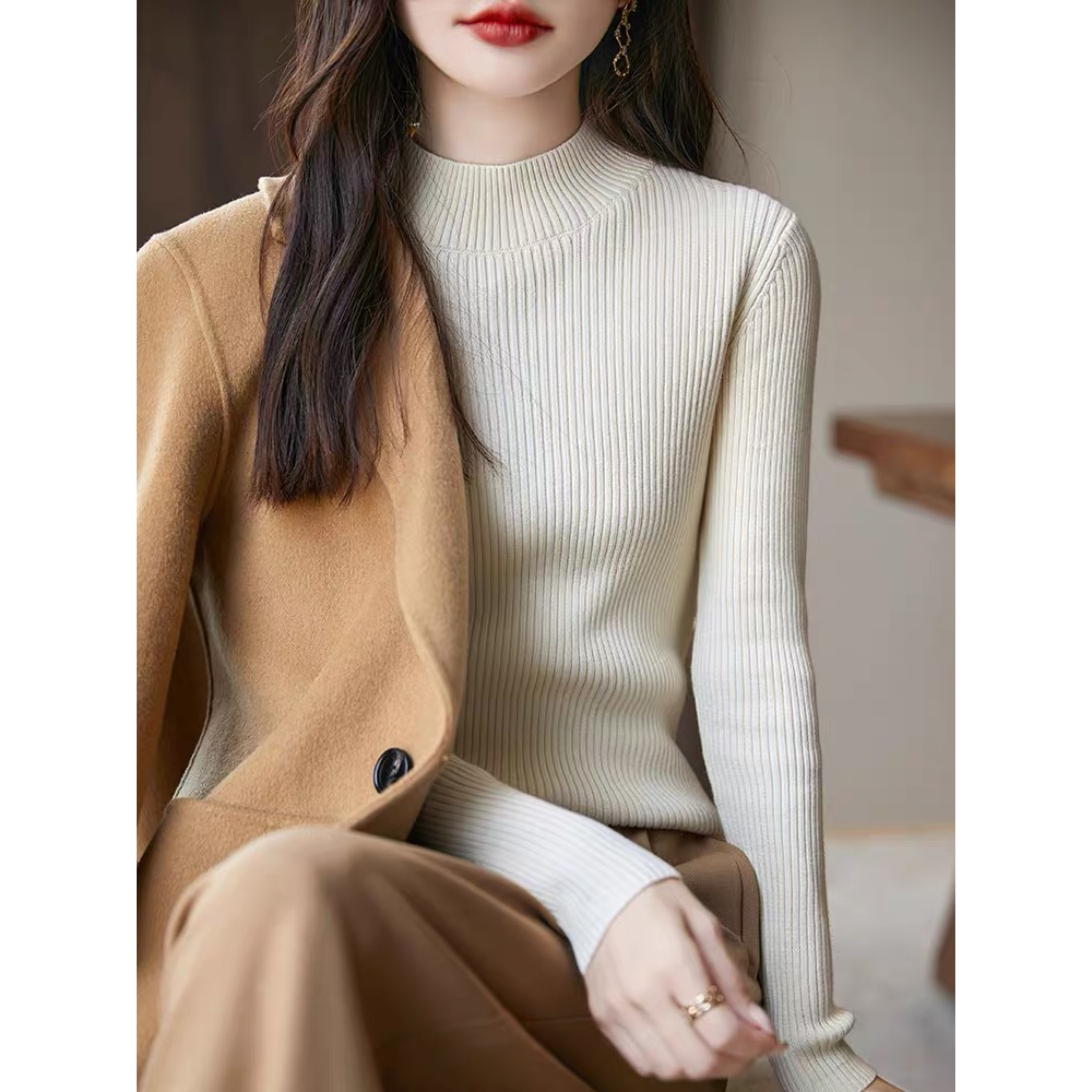 半高领纯棉线针织毛衣女秋冬厚款内搭打底衫2025新款显瘦百搭上衣