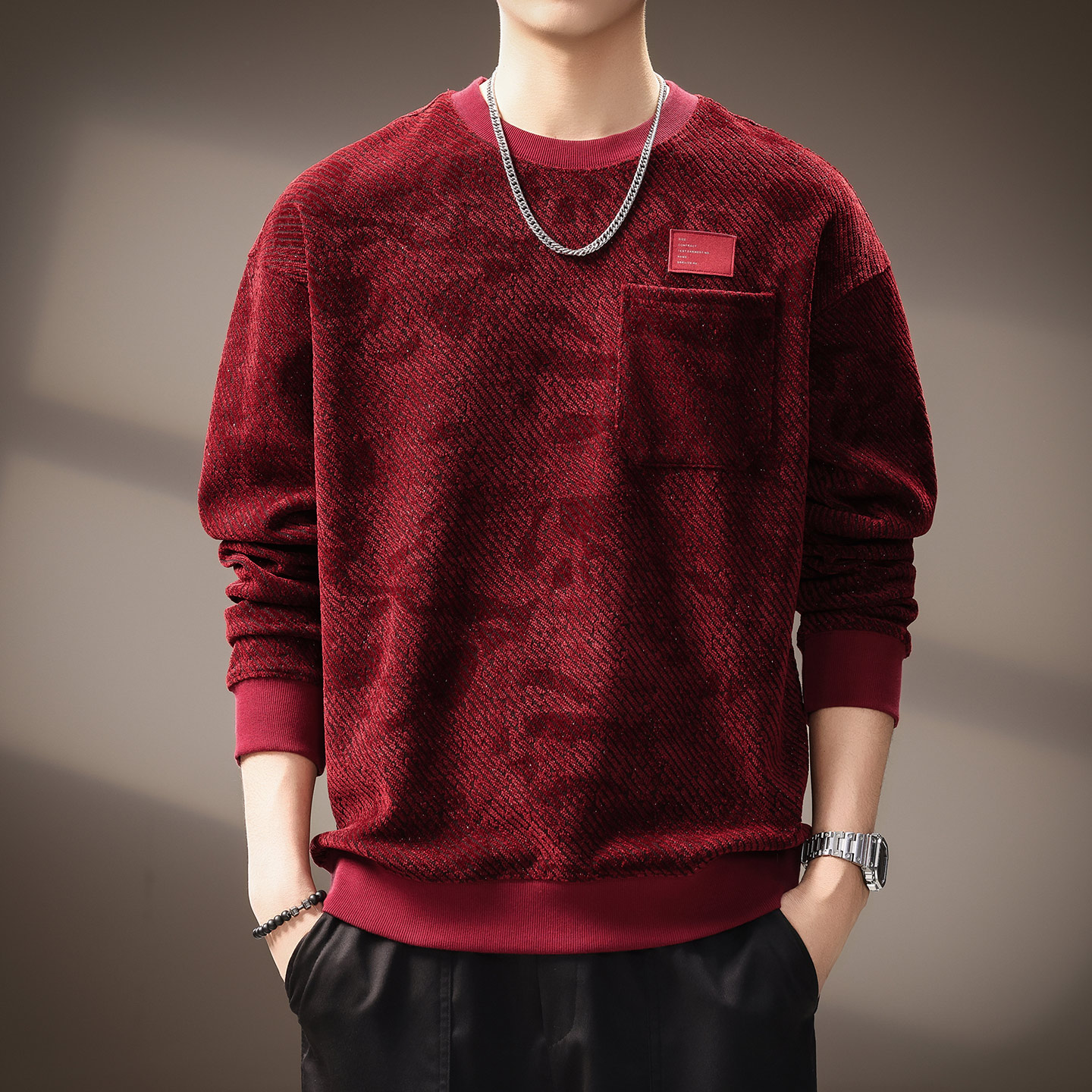 高端潮牌美式复古肌理感休闲卫衣男秋季新款宽松满天星长袖打底衫