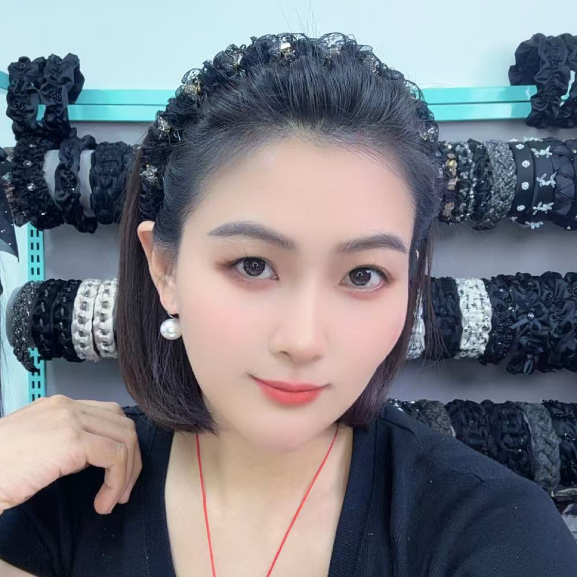 韩版欧根纱褶皱手缝水晶发箍女高级感时尚高颅顶外出百搭发卡发饰