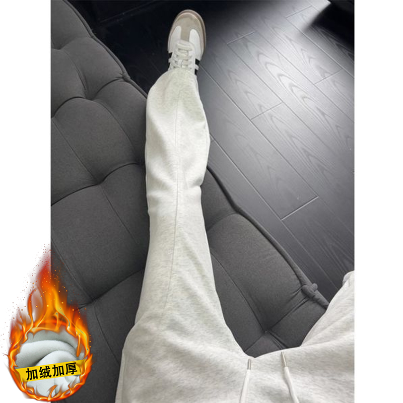 美式白花灰重磅卫裤男夏季显高显腿长裤子宽松直筒斜切休闲微喇裤