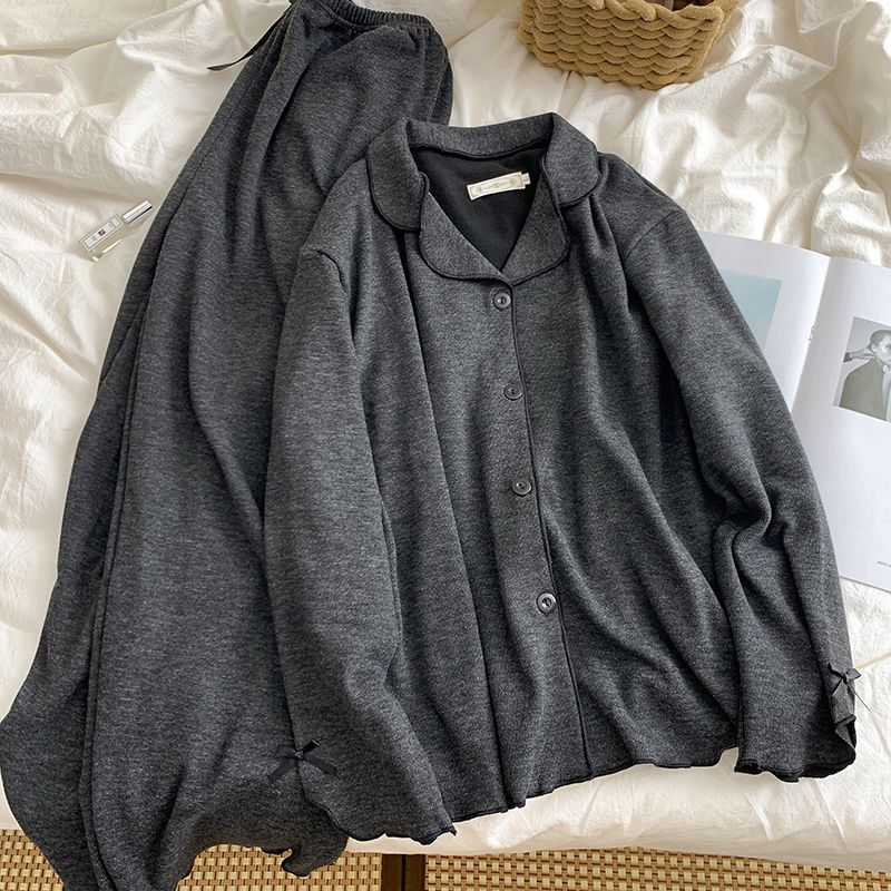 韩系条纹设计感深灰绵羊绒睡衣女新款秋冬季长袖家居服套装可外穿