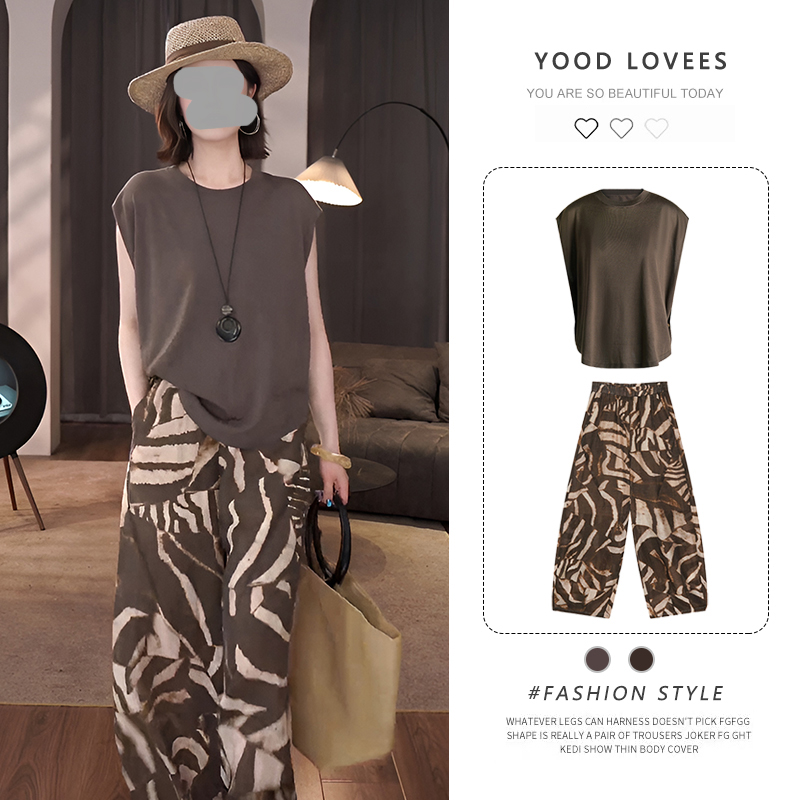 夏季新款透气圆领宽松显瘦小飞袖百搭上衣宽松显瘦空气感长裤套装