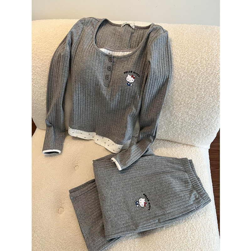 【DMXJ大梦想家】假两件休闲简约波点Kitty睡衣女秋季家居服两件套