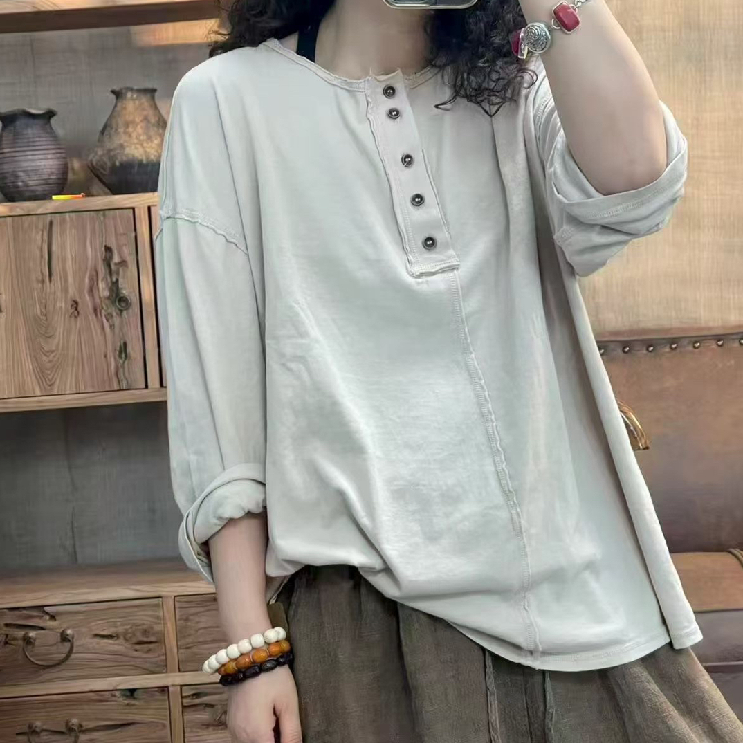 秋季棉料炒色做旧半开扣女士休闲T恤(长70胸围120)