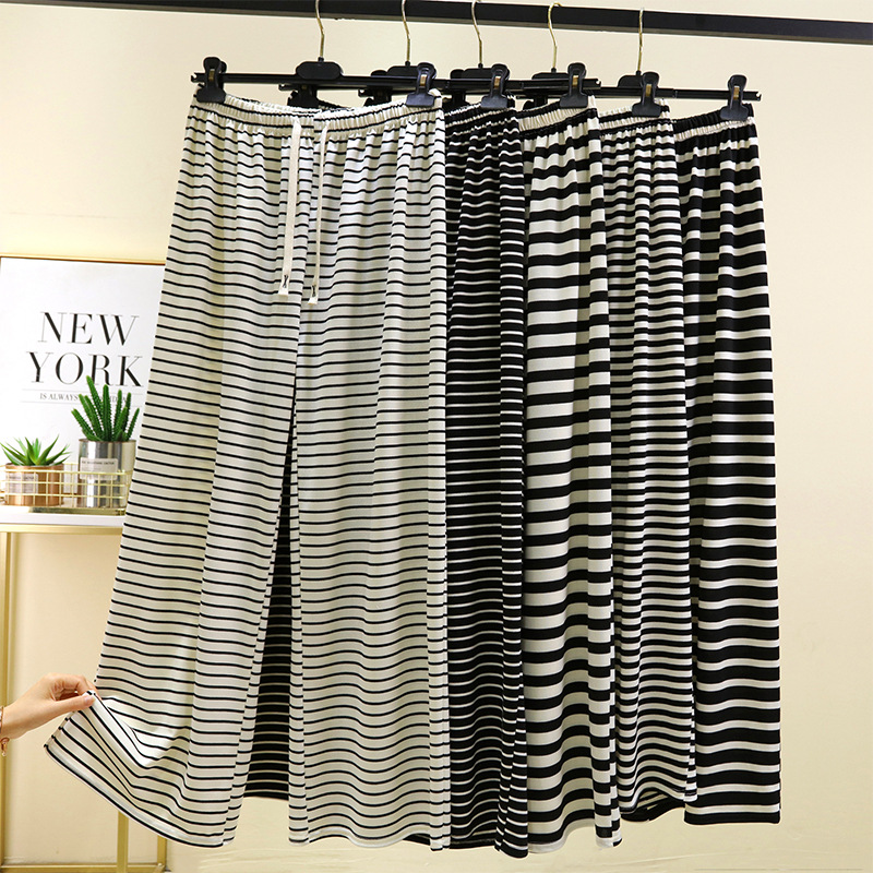 新款黑白夏季条纹阔腿裤女百搭高腰可外穿直筒慵懒风宽松拖地长裤