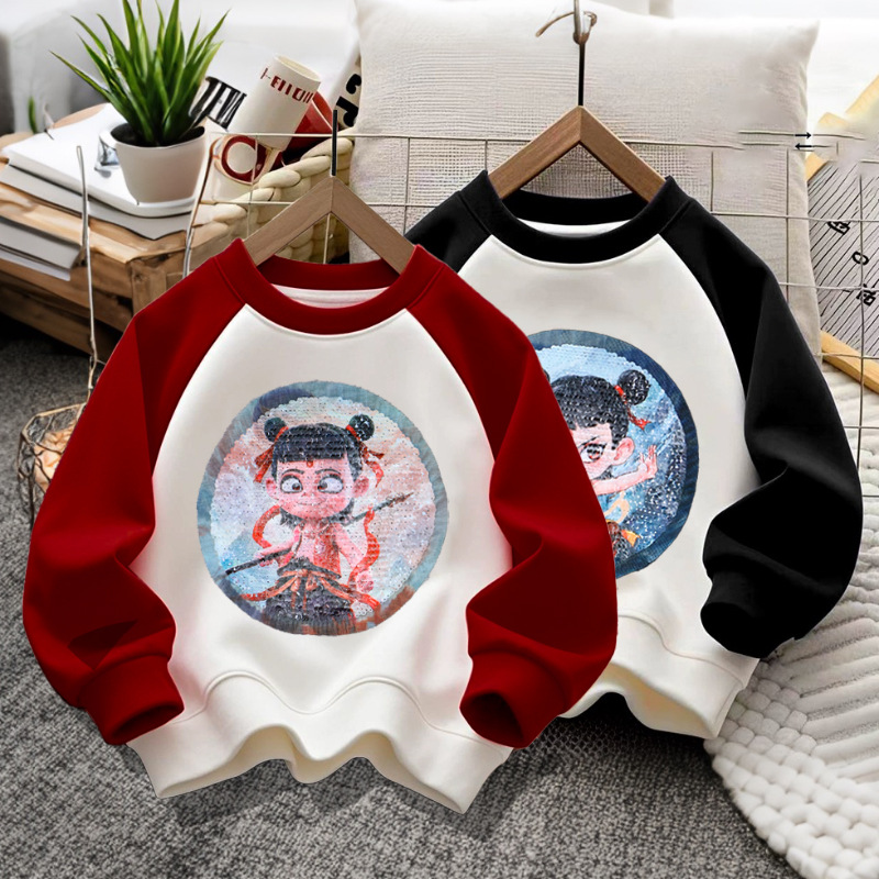 儿童春秋新款国风卫衣男童女童圆领亮片撞色插肩袖上衣潮卫衣