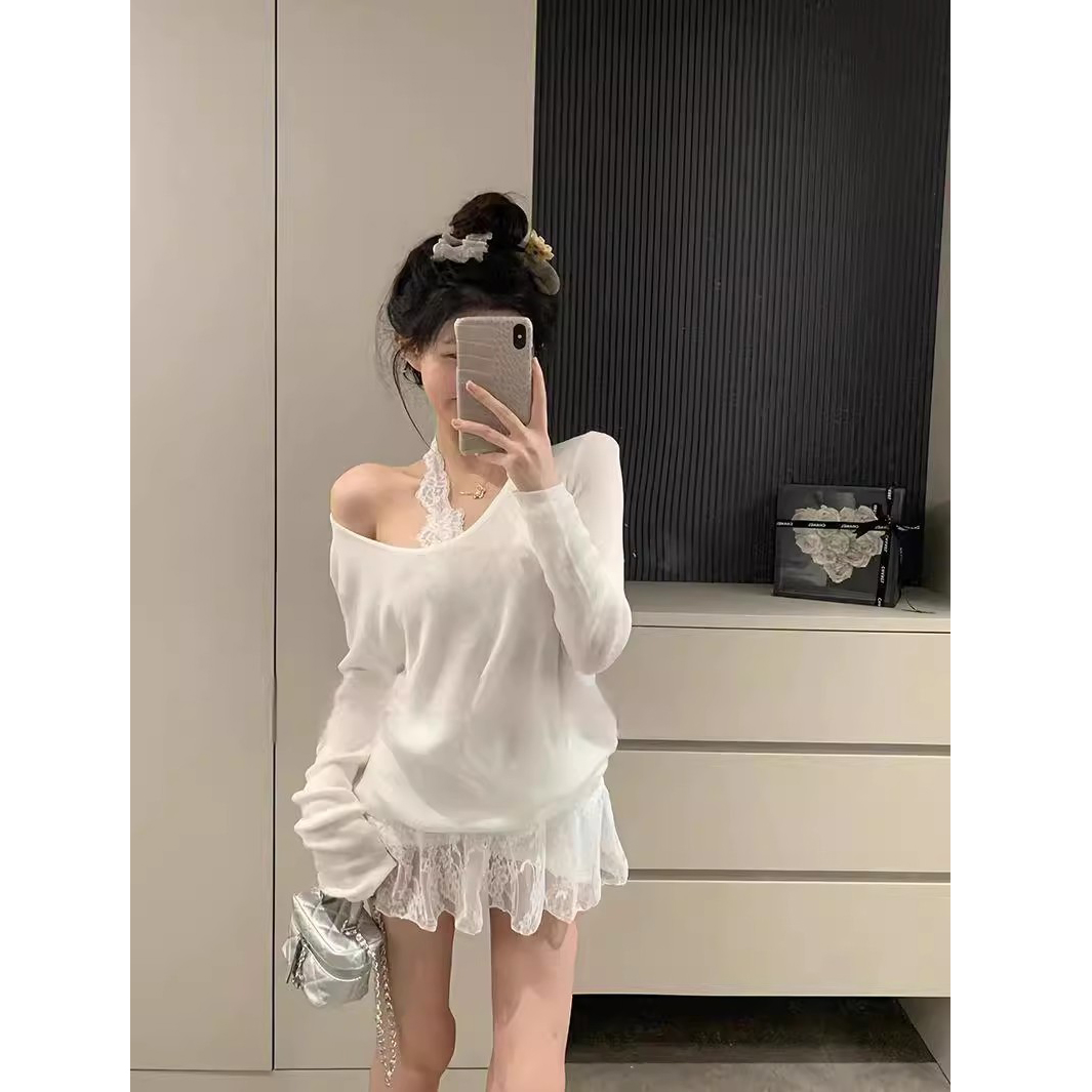 【糖糖专属】氛围感薄款微透防晒罩衫女夏季叠穿蕾丝挂脖套装上衣