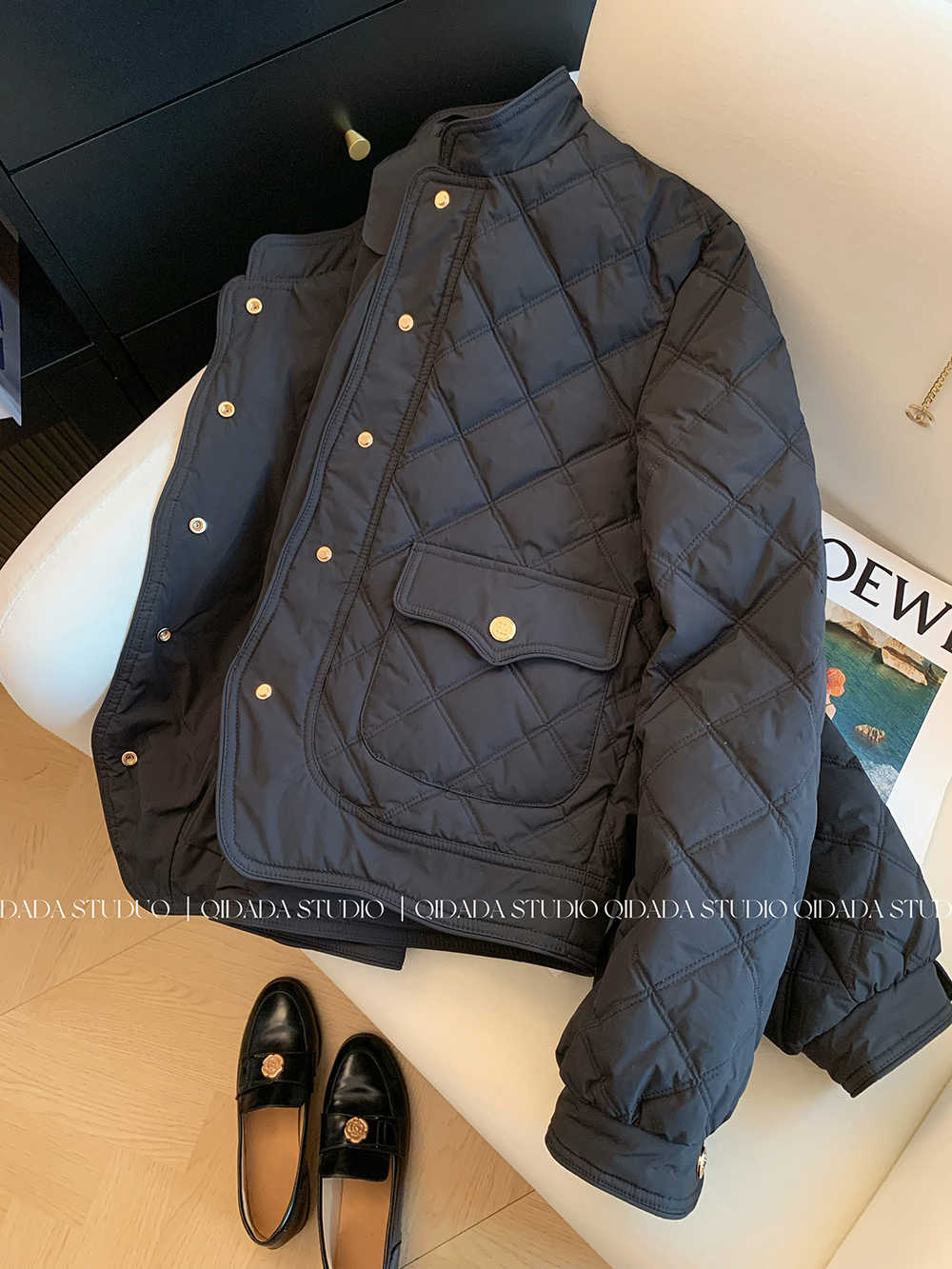 黑色菱格棉服女款冬季2025新款短款小个子洋气时尚设计感加厚棉衣