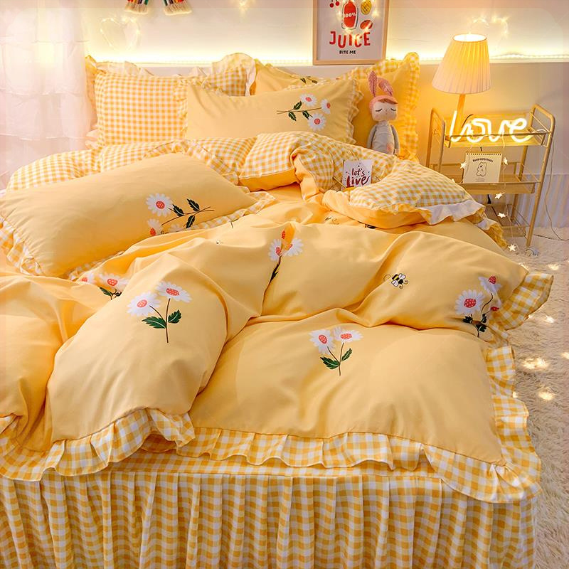 富安娜床品韩式床上清新公主风花边被套纯棉四件套全棉床裙床单女