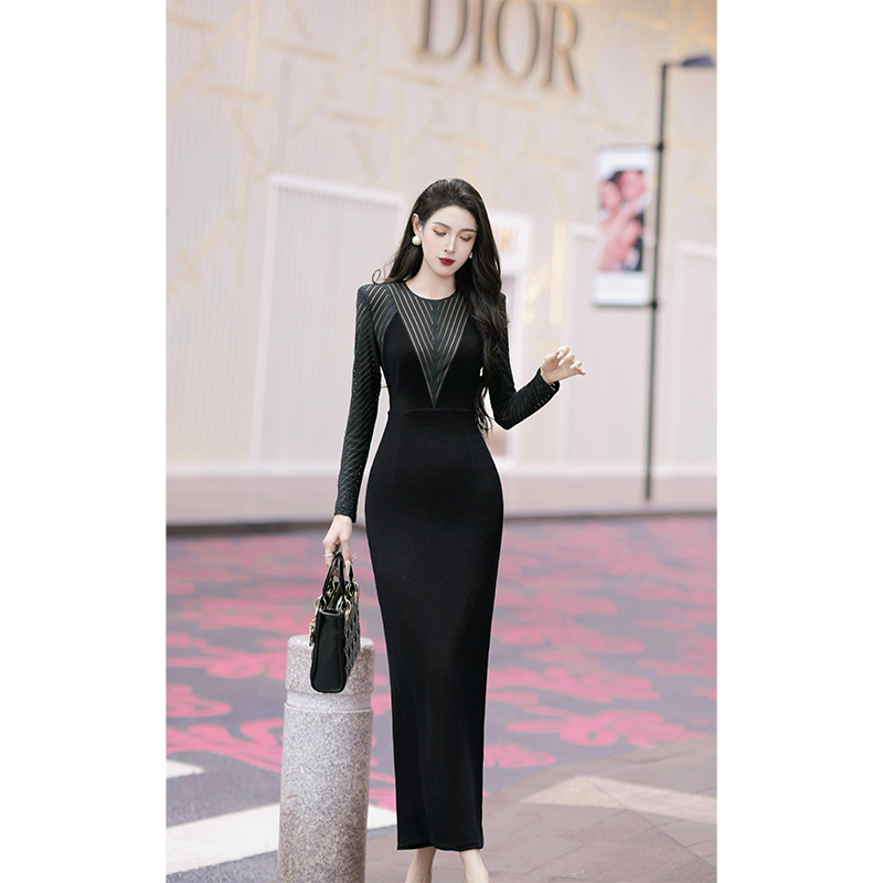 【尤克菲儿】小众设计高定醋酸拼接蕾丝长裙气质优雅高贵显瘦连衣裙