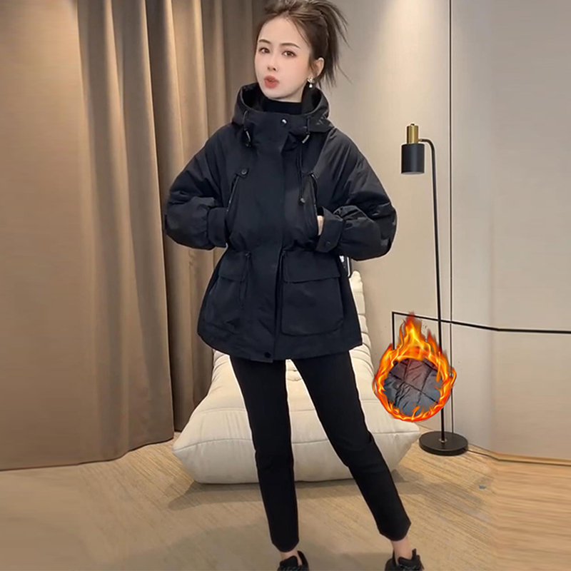 欧货夹棉收腰冲锋衣外套女2025冬季新款韩版宽松显瘦棉服加厚风衣