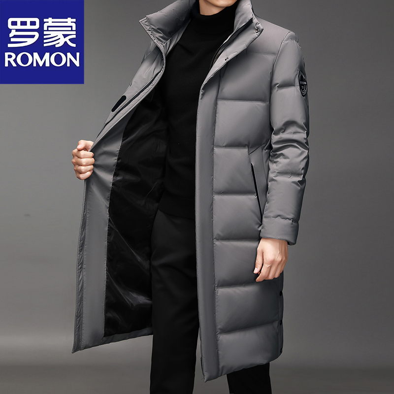 Romon/罗蒙冬季新款连帽羽绒服男士长款过膝高端鸭绒厚款保暖外套