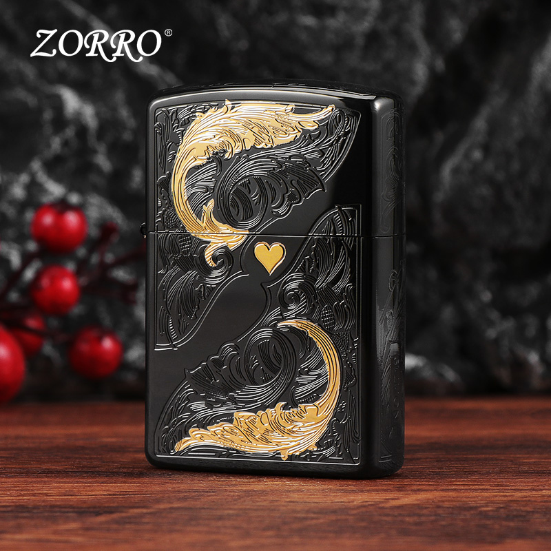 ZORRO佐罗黑金双色唐草心防风打火机送男生情人节日七夕礼物个性