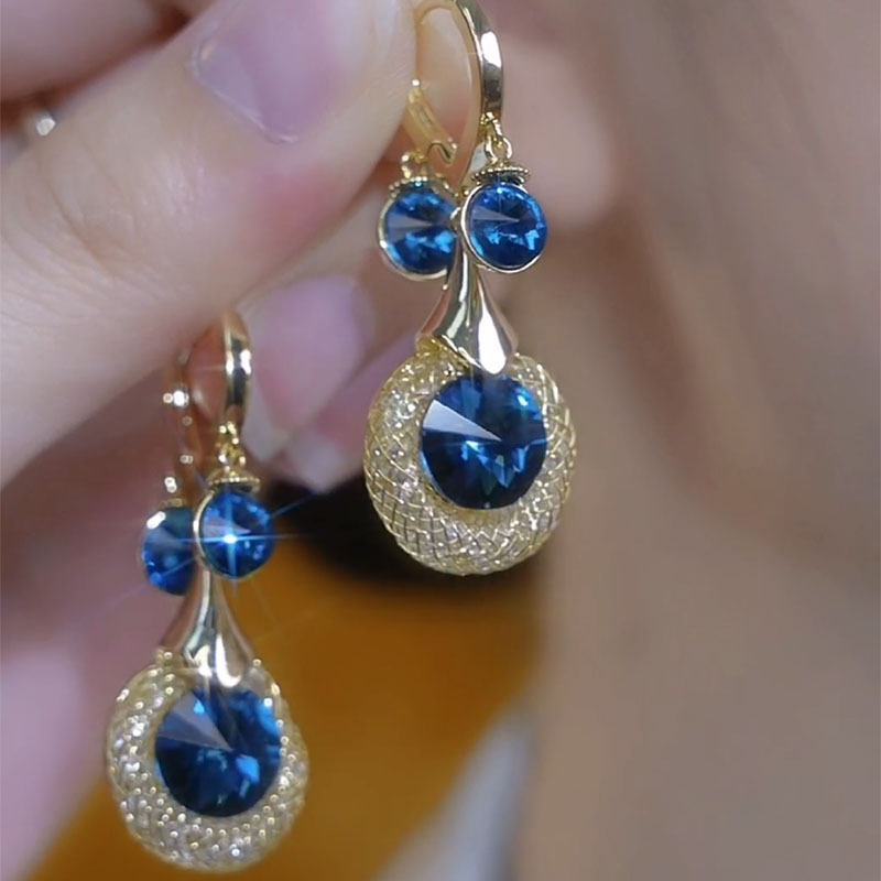 925银耳饰 DY24新款轻奢高级感金丝网状蓝水晶耳扣耳环气质独特个