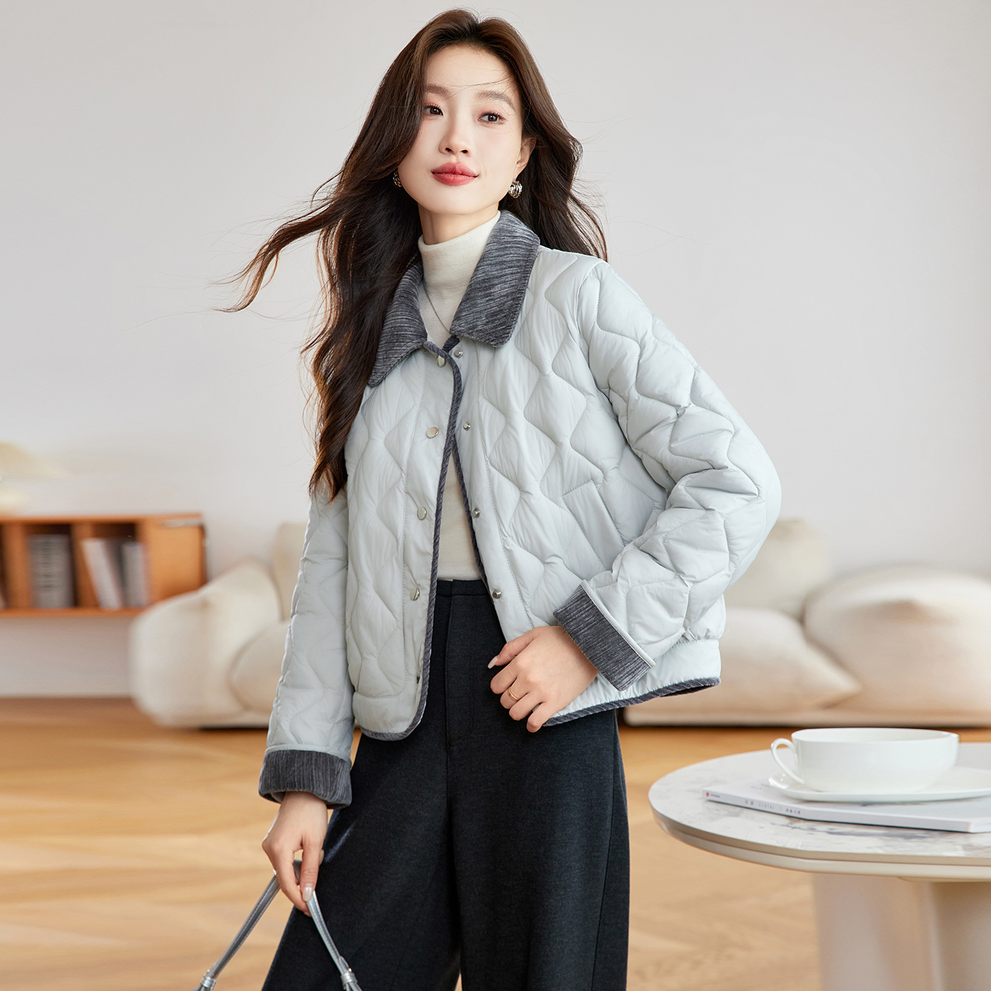 小个子加棉外套女2025秋冬新款超好看短款翻领菱格休闲保暖棉服