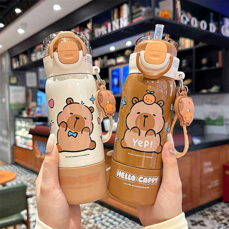 卡皮巴拉儿童保温杯男孩女孩双饮杯316不锈钢学生上学专用吸管杯