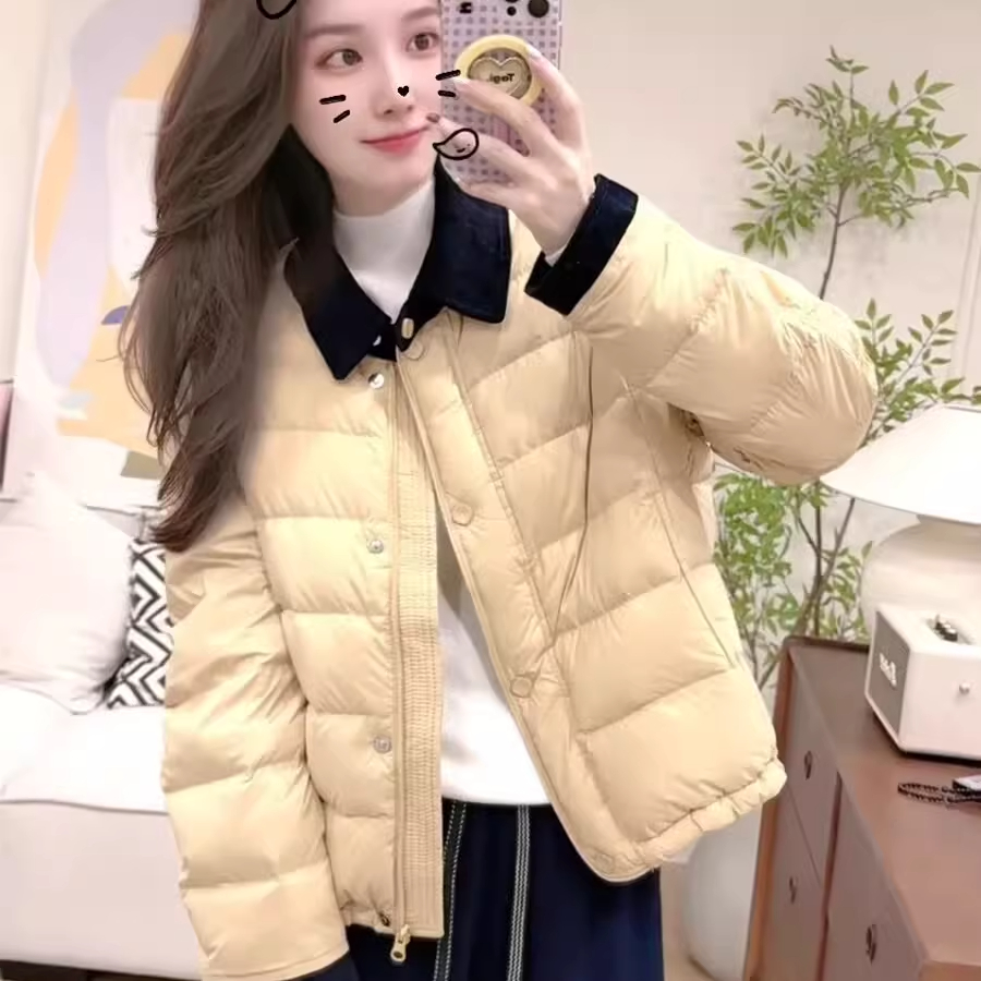撞色翻领加绒棉服女短款秋冬季2025新款韩版休闲百搭加厚保暖外套