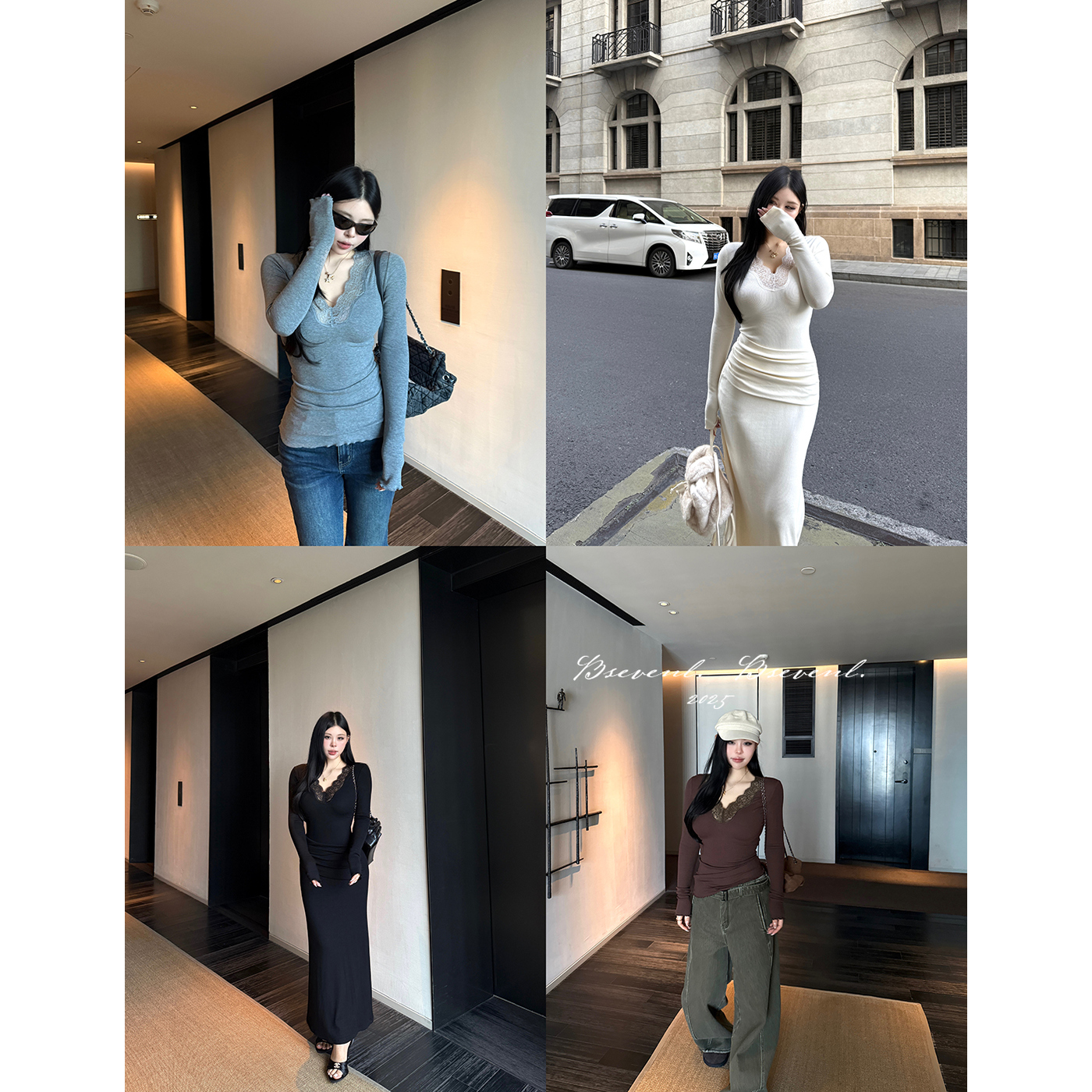 黑泽玄七气质女神系御遮肉显瘦睫毛蕾丝V领加绒细坑条连衣裙上衣