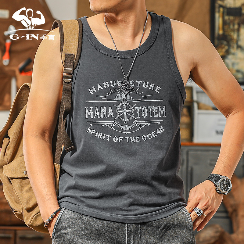 季言美式复古跨栏背心男款纯棉潮流痞帅运动健身体恤篮球无袖t恤