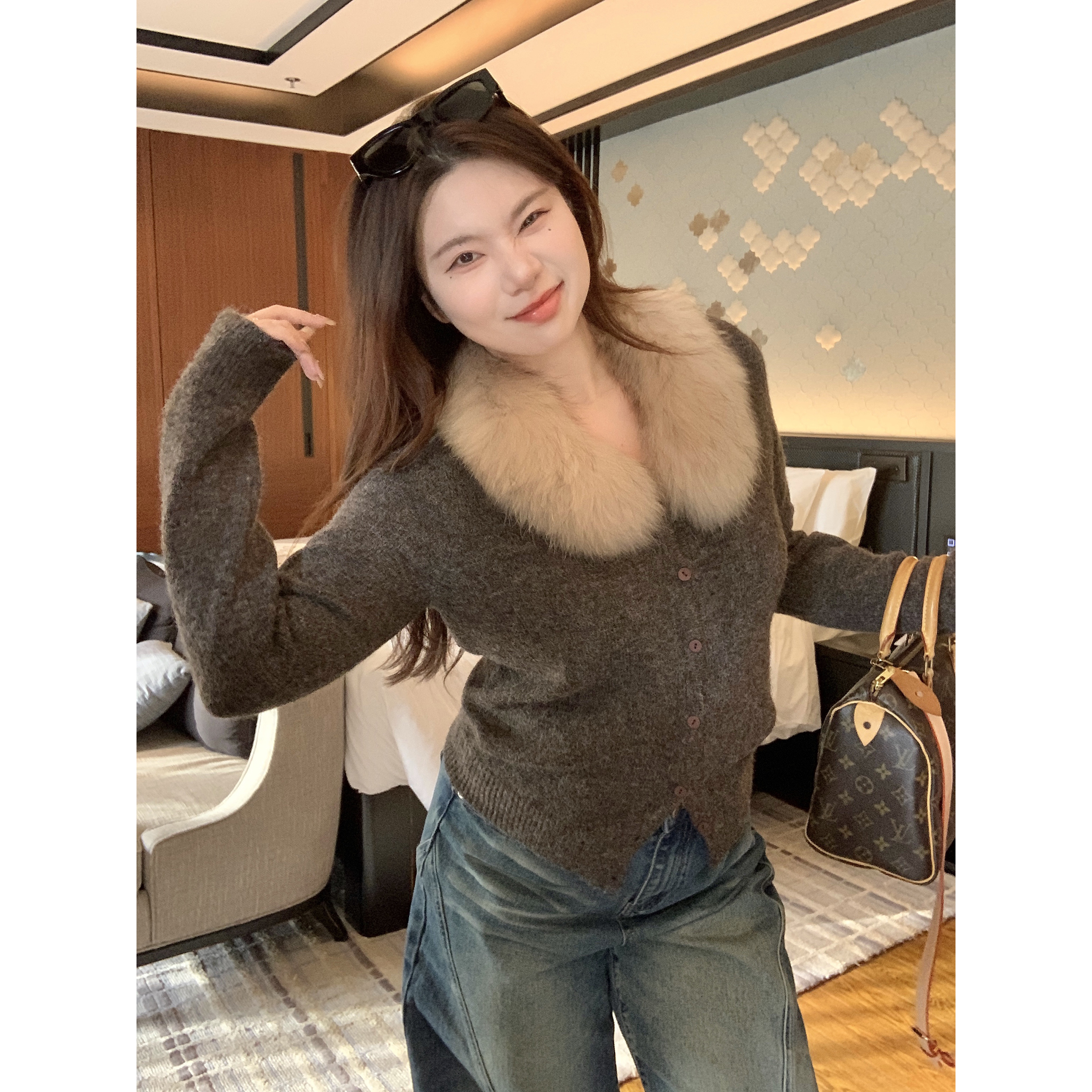 M5T6微胖 英区老钱风*/貉子毛领羊毛针织开衫高级感上衣外套